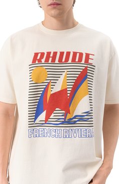 Мужская хлопковая футболка RHUDE кремового цвета, арт. RHPS25TT10012 | Фото 4 (Материал сплава: Проставлено; Длина (для топов): Стандартные; Рукава: Короткие; Драгоценные камни: Проставлено; Принт: С принтом; Стили: Кэжуэл; Материал внешний: Хлопок; Кросс-КТ: Джерси; Мужское Кросс-КТ: Футболка-одежда)