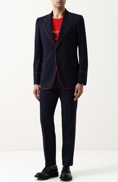 Шерстяной костюм с пиджаком на двух пуговицах GUCCI синего цвета по цене 285120 руб., арт. 451145/Z4967, фото 1 Шерстяной костюм с пиджаком на двух пуговицах GUCCI, арт. 451145/Z4967, фото 1