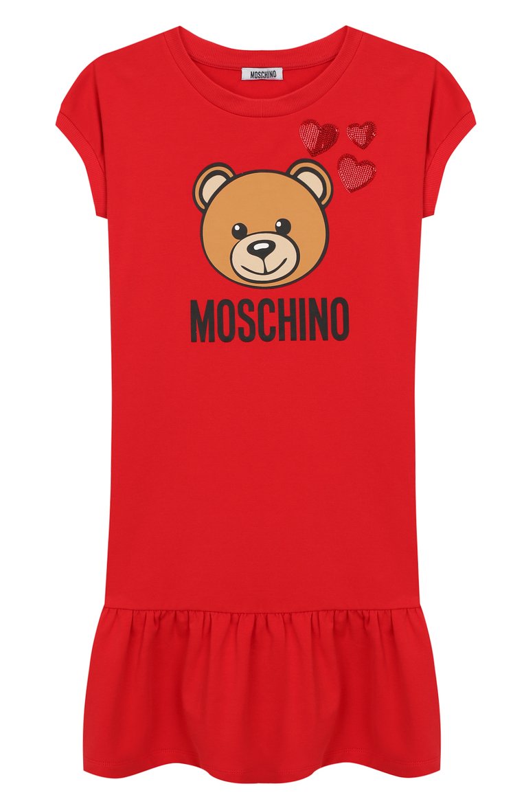Детское хлопковое платье MOSCHINO красного цвета, арт. HDV07E/LDA12/10A-14A | Фото 1 (Материал внешний: Хлопок; Статус проверки: Проверена категория; Рукава: Короткие; Принт: С принтом; Девочки Кросс-КТ: Платье-одежда; Тематический товар: Teddy Bear; Материал сплава: Проставлено; Драгоценные камни: Проставлено; Случай: Повседневный; Ростовка одежда: 10 - 11 лет | 140 - 146см, 12 лет | 152 см)