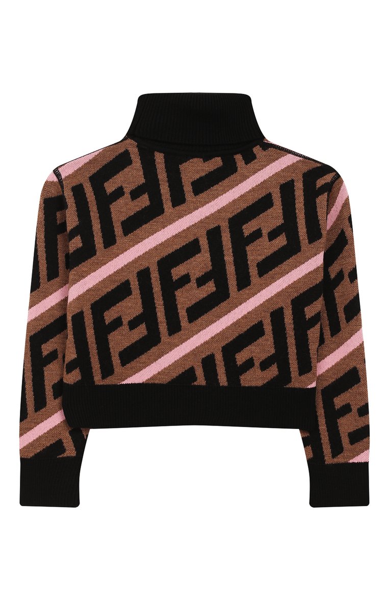 Детский укороченный свитер из шерсти FENDI коричневого цвета, арт. JFG051/A8L7/3A-5A | Фото 2 (Статус проверки: Проверено; Материал внешний: Шерсть; Рукава: Длинные; Принт: С принтом; Девочки Кросс-КТ: Свитер-одежда; Материал сплава: Проверено, Проставлено; Драгоценные камни: Проставлено; Ростовка одежда: 4 года | 104 см, 5 лет | 110 см)