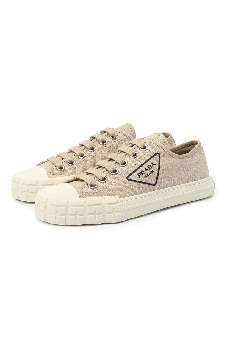 Женские текстильные кеды PRADA бежевого цвета, арт. 1E231M-2OFZ-F0065-035 | Фото 1 (Подошва: Платформа; Материал внешний: Текстиль; Материал утеплителя: Без утеплителя; Драгоценные камни: Проставлено; Материал сплава: Проставлено; Стили: Кэжуэл; Кросс-КТ: Низкие)