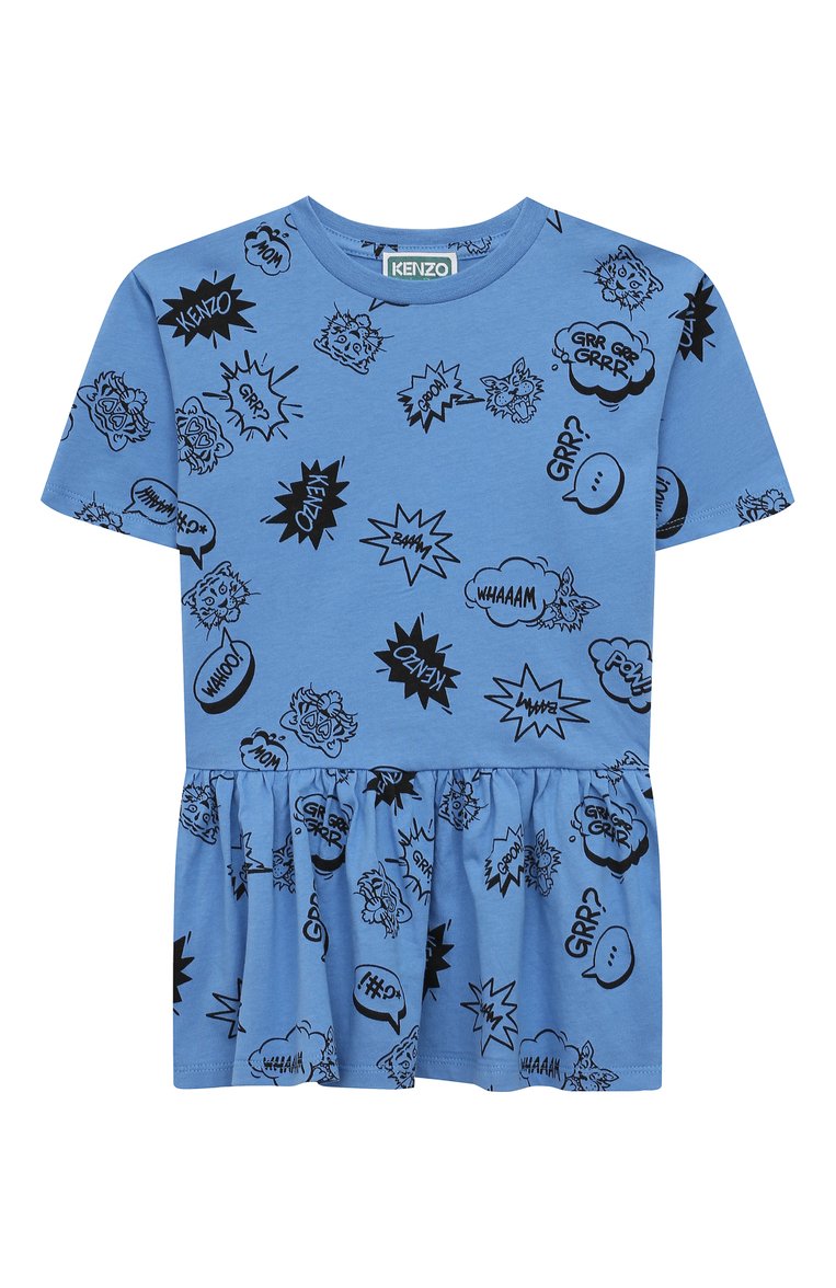 Детское хлопковое платье KENZO синего цвета, арт. K60217/3-5 | Фото 1 (Рукава: Короткие; Драгоценные камни: Проставлено; Материал внешний: Хлопок; Материал сплава: Проставлено; Девочки Кросс-КТ: Платье-одежда; Случай: Повседневный)