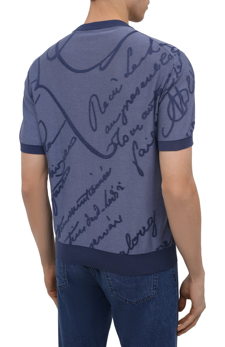 Мужской хлопковый джемпер BERLUTI синего цвета, арт. R22KRS57-001 | Фото 4 (Длина (для топов): Стандартные; Материал внешний: Хлопок; Рукава: Короткие; Принт: С принтом; Стили: Кэжуэл; Мужское Кросс-КТ: Джемперы; Вырез: Круглый)