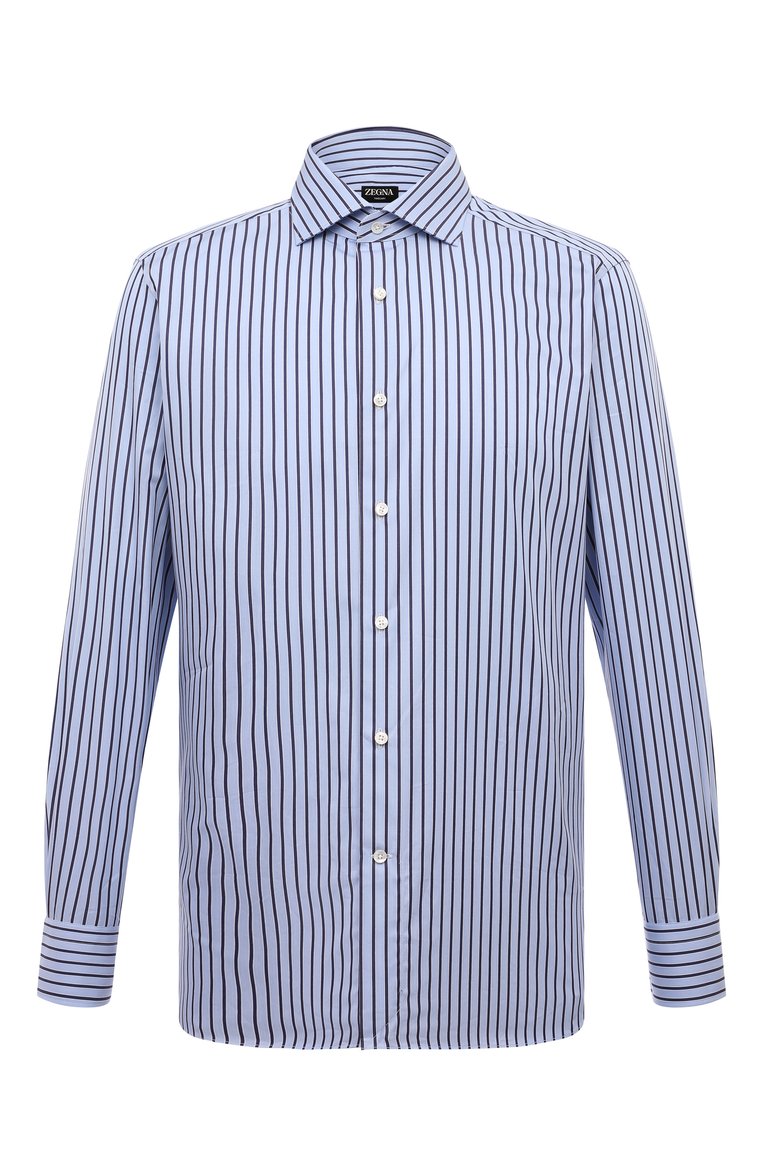 Мужская хлопковая сорочка ZEGNA голубого цвета, арт. 701529A7/9MS0BA | Фото 1 (Материал внешний: Хлопок; Рукава: Длинные; Длина (для топов): Стандартные; Манжеты: На пуговицах; Стили: Кэжуэл; Принт: Полоска; Рубашки М: Slim Fit; Случай: Повседневный; Воротник: Акула; Детали: Без декора; Автоматизация ТО: Проставлено; Автоматизация состава: Проставлено)