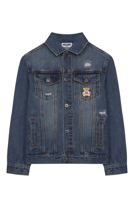 Детская джинсовая куртка MOSCHINO синего цвета, арт. HUS057/L0E35/10-14 | Фото 1 (Драгоценные камни: Проставлено; Материал внешний: Хлопок; Материал сплава: Проставлено; Рукава: Длинные)