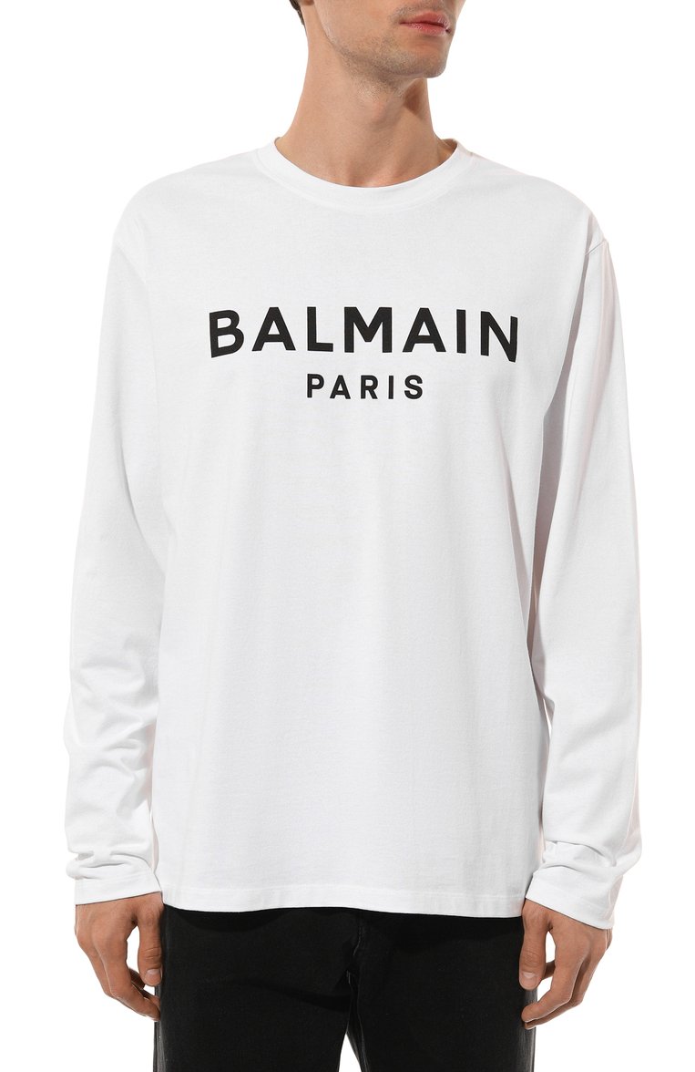 Мужская хлопковый лонгслив BALMAIN белого цвета, арт. DH1EK035/BC77 | Фото 3 (Материал внешний: Хлопок; Длина (для топов): Стандартные; Рукава: Длинные; Принт: С принтом; Стили: Минимализм; Кросс-КТ: Джерси; Мужское Кросс-КТ: Футболка-одежда; Автоматизация состава: Проставлено; Автоматизация ТО: Проставлено)