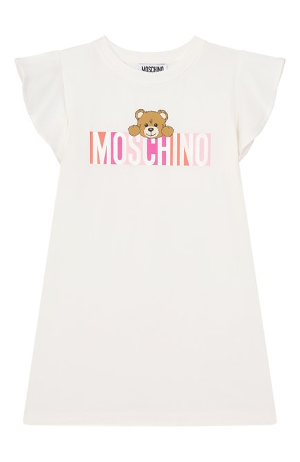 Детское хлопковое платье MOSCHINO молочного цвета, арт. HDV0G8/LBA00/10-14 | Фото 1 (Материал сплава: Проставлено; Материал внешний: Хлопок; Рукава: Короткие; Драгоценные камни: Проставлено)