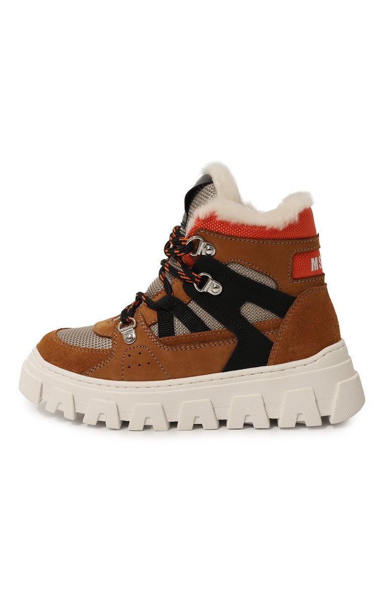 Детские утепленные ботинки MSGM KIDS коричневого цвета, арт. 78901/28-35 | Фото 2 (Нос: Не проставлено; Материал утеплителя: Натуральный мех; Материал внешний: Текстиль, Натуральная кожа; Кросс-КТ: хайкеры; Мальчики Кросс-КТ: Обувь-зимняя)