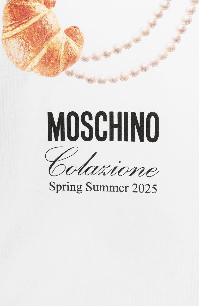 Детская хлопковая футболка MOSCHINO белого цвета, арт. HIM060/LAA02/4-8 | Фото 3 (Материал внешний: Хлопок; Рукава: Короткие; Девочки Кросс-КТ: футболка-одежда; Автоматизация состава: Проставлено; Автоматизация ТО: Проставлено; Ростовка одежда: 4 года | 104 см, 6 лет | 116 см, 8 лет | 128 см, 5 лет | 110 см)