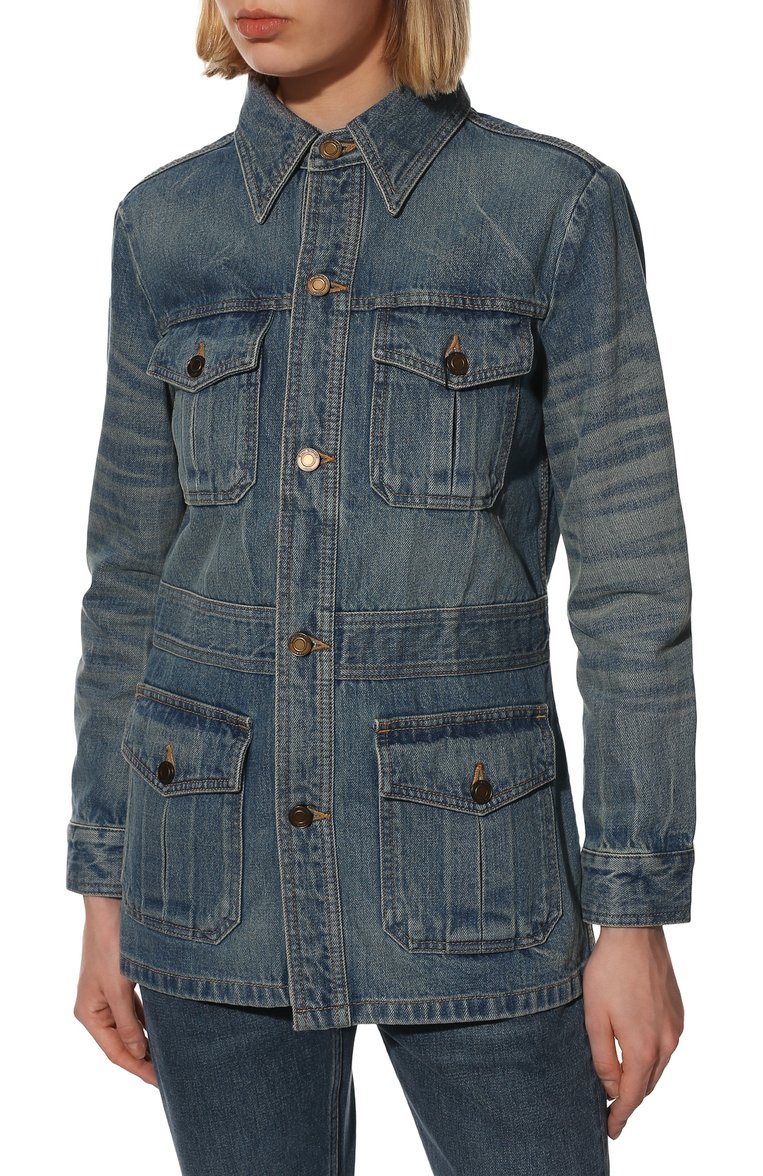Женская джинсовая куртка SAINT LAURENT тёмно-голубого цвета, арт. 659616/Y863C | Фото 3 (Материал внешний: Хлопок, Деним; Длина (верхняя одежда): Короткие; Рукава: Длинные; Стили: Кэжуэл; Кросс-КТ: Деним, Куртка, Легкие; Автоматизация состава: Проставлено; Автоматизация ТО: Проставлено)