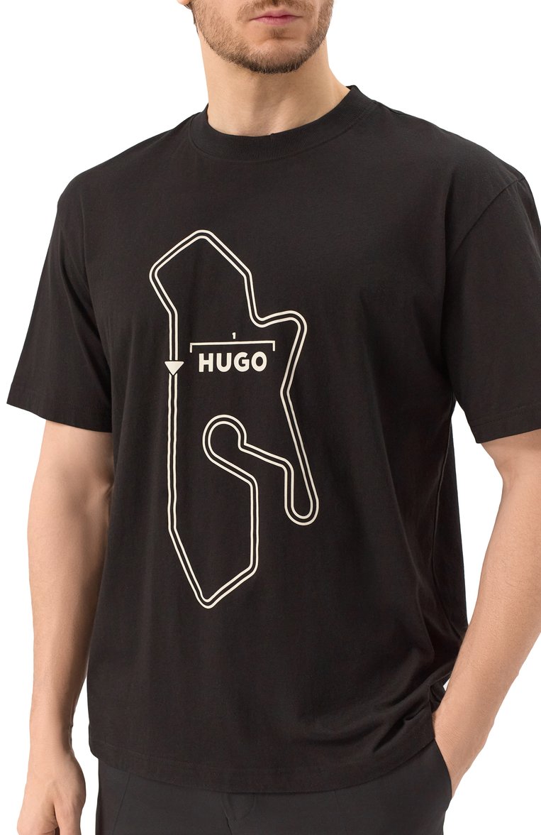 Мужская хлопковая футболка HUGO черного цвета, арт. 50531757 | Фото 5 (Рукава: Короткие; Длина (для топов): Стандартные; Материал внешний: Хлопок; Принт: С принтом; Стили: Кэжуэл; Кросс-КТ: Джерси; Мужское Кросс-КТ: Футболка-одежда)