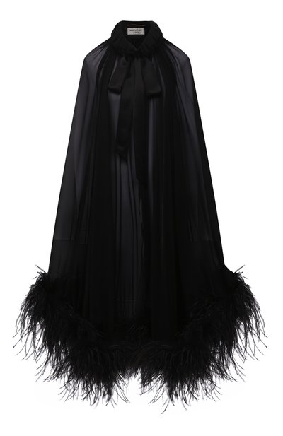 Шелковая накидка с отделкой перьями SAINT LAURENT черного цвета по цене 463500 руб., арт. 659131/Y115W, фото 1 Шелковая накидка с отделкой перьями SAINT LAURENT, арт. 659131/Y115W, фото 1