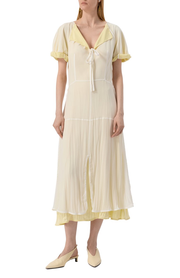 Женское шелковое платье JIL SANDER  цвета, арт. J03CT0460/J55081 | Фото 3 (Рукава: Короткие; Материал внешний: Шелк; Автоматизация ТО: Проставлено; Длина Ж (юбки, платья, шорты): Миди; Автоматизация состава: Проставлено; Женское Кросс-КТ: Платье-одежда; Случай: Повседневный; Стили: Кэжуэл)