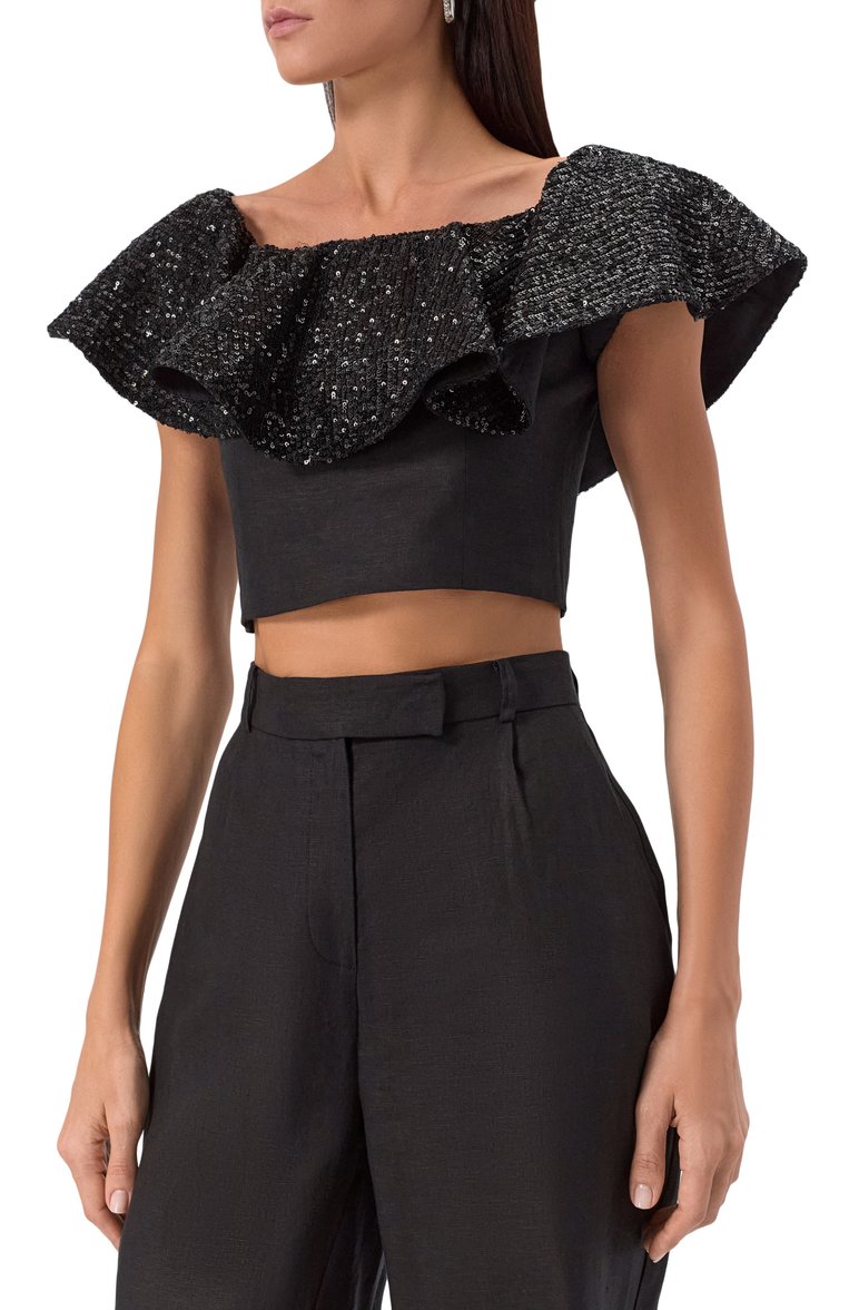 Женский топ с отделкой пайетками IN THE MOOD FOR LOVE черного цвета, арт. SS2501500006 | Фото 3 (Материал внешний: Лен; Длина (для топов): Укороченные; Стили: Романтичный; Рукава: С открытыми плечами)