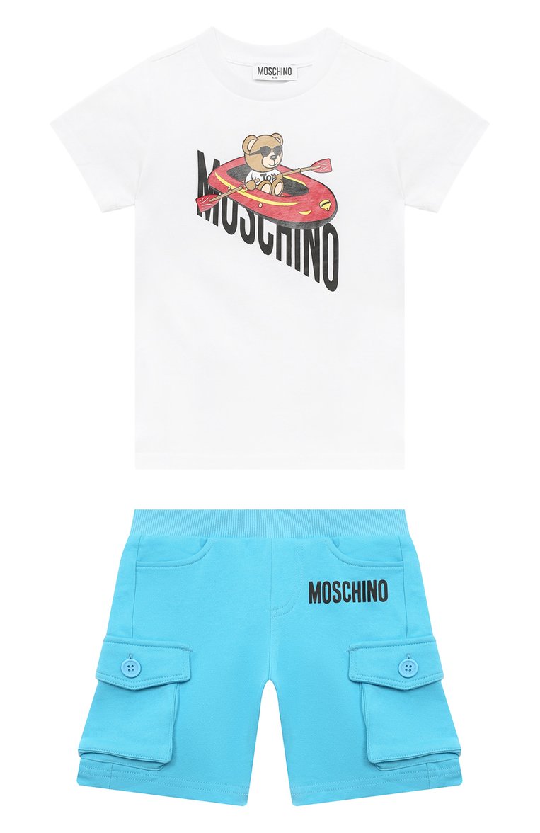 Детского комплект из футболки и шорт MOSCHINO голубого цвета, арт. HUG000/LAA23/4-8 | Фото 1 (Материал внешний: Хлопок; Материал сплава: Проставлено; Рукава: Короткие; Драгоценные камни: Проставлено; Мальчики Кросс-КТ: Костюмы-спорт; Ростовка одежда: 4 года | 104 см, 8 лет | 128 см, 6 лет | 116 см, 5 лет | 110 см)