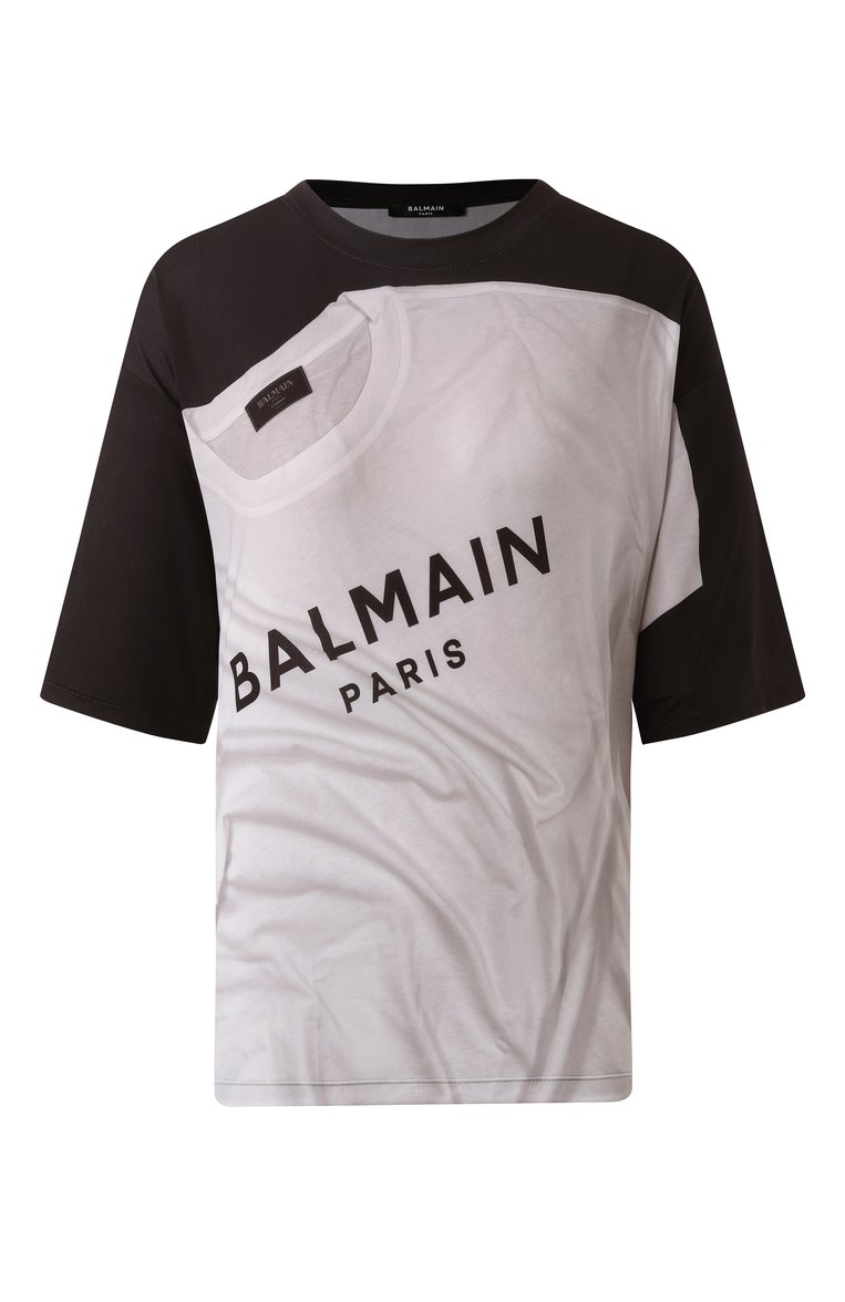 Женская футболка BALMAIN черно-белого цвета, арт. EF1EG110/GE37 | Фото 1 (Длина (для топов): Стандартные; Рукава: Короткие; Стили: Кэжуэл; Принт: С принтом; Материал внешний: Синтетический материал)