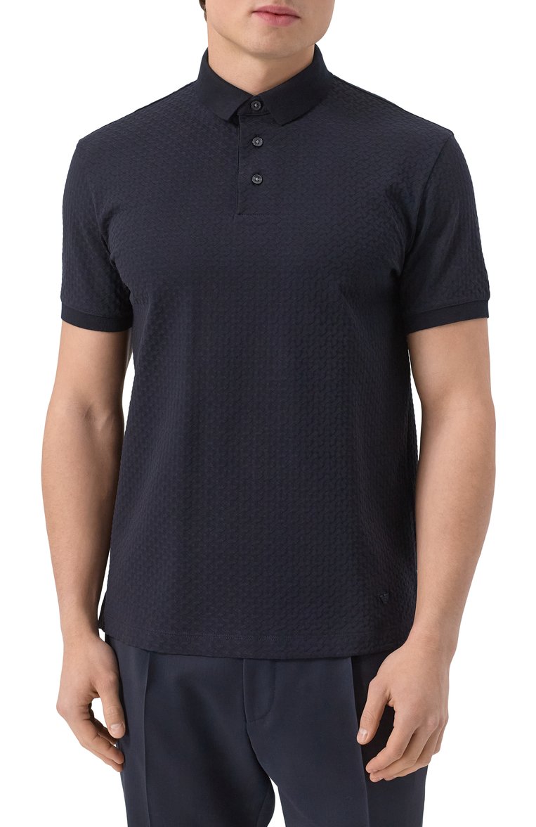 Мужское хлопковое поло EMPORIO ARMANI темно-синего цвета, арт. EM001295/AF10762 | Фото 3 (Рукава: Короткие; Длина (для топов): Стандартные; Материал внешний: Хлопок; Принт: Без принта; Застежка: Пуговицы; Стили: Кэжуэл; Кросс-КТ: Джерси; Мужское Кросс-КТ: Футболка-одежда)