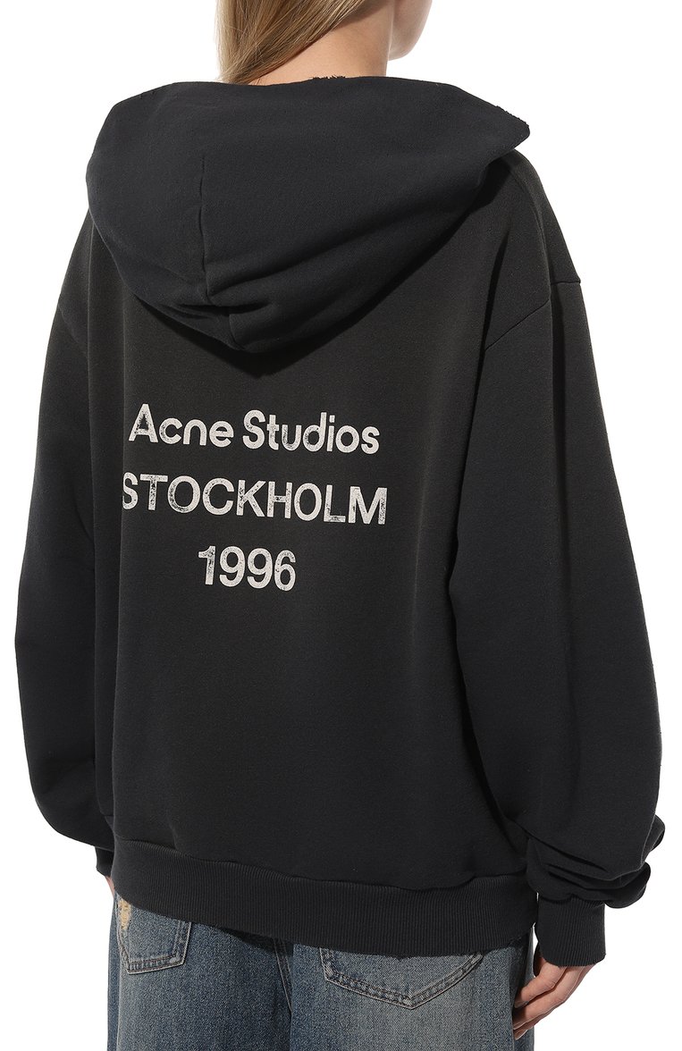 Женский хлопковое худи ACNE STUDIOS черного цвета, арт. FN-UX-SWEA000020 | Фото 4 (Рукава: Длинные; Длина (для топов): Стандартные; Материал внешний: Хлопок; Материал сплава: Проставлено; Драгоценные камни: Проставлено; Женское Кросс-КТ: Худи-одежда; Стили: Спорт-шик)