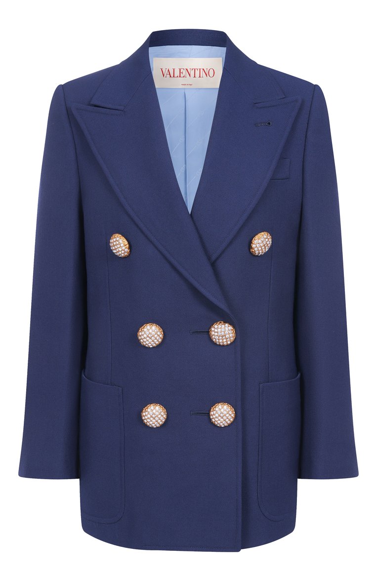 Женский шерстяной жакет VALENTINO синего цвета, арт. 6B3CE40090T | Фото 1 (Длина (для топов): Стандартные; Материал внешний: Шерсть; Рукава: Длинные; Женское Кросс-КТ: Жакет-одежда; 1-2-бортные: Двубортные; Кросс-КТ: костюм; Стили: Классический; Автоматизация состава: Проставлено; Автоматизация ТО: Проставлено)