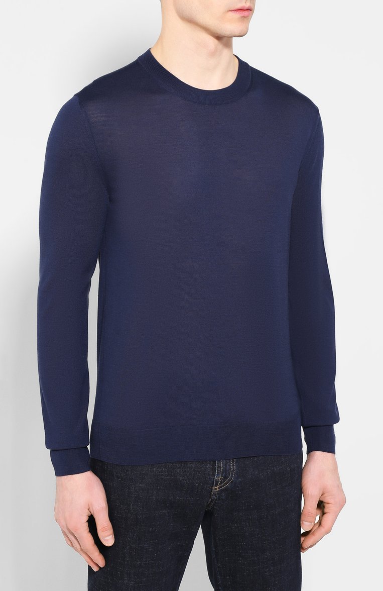 Мужской шерстяной джемпер BERLUTI синего цвета, арт. R17KRL133-004 | Фото 3 (Длина (для топов): Стандартные; Рукава: Длинные; Материал внешний: Шерсть; Мужское Кросс-КТ: Джемперы; Принт: Без принта; Вырез: Круглый; Материал сплава: Проставлено; Драгоценные камни: Проставлено; Стили: Кэжуэл)