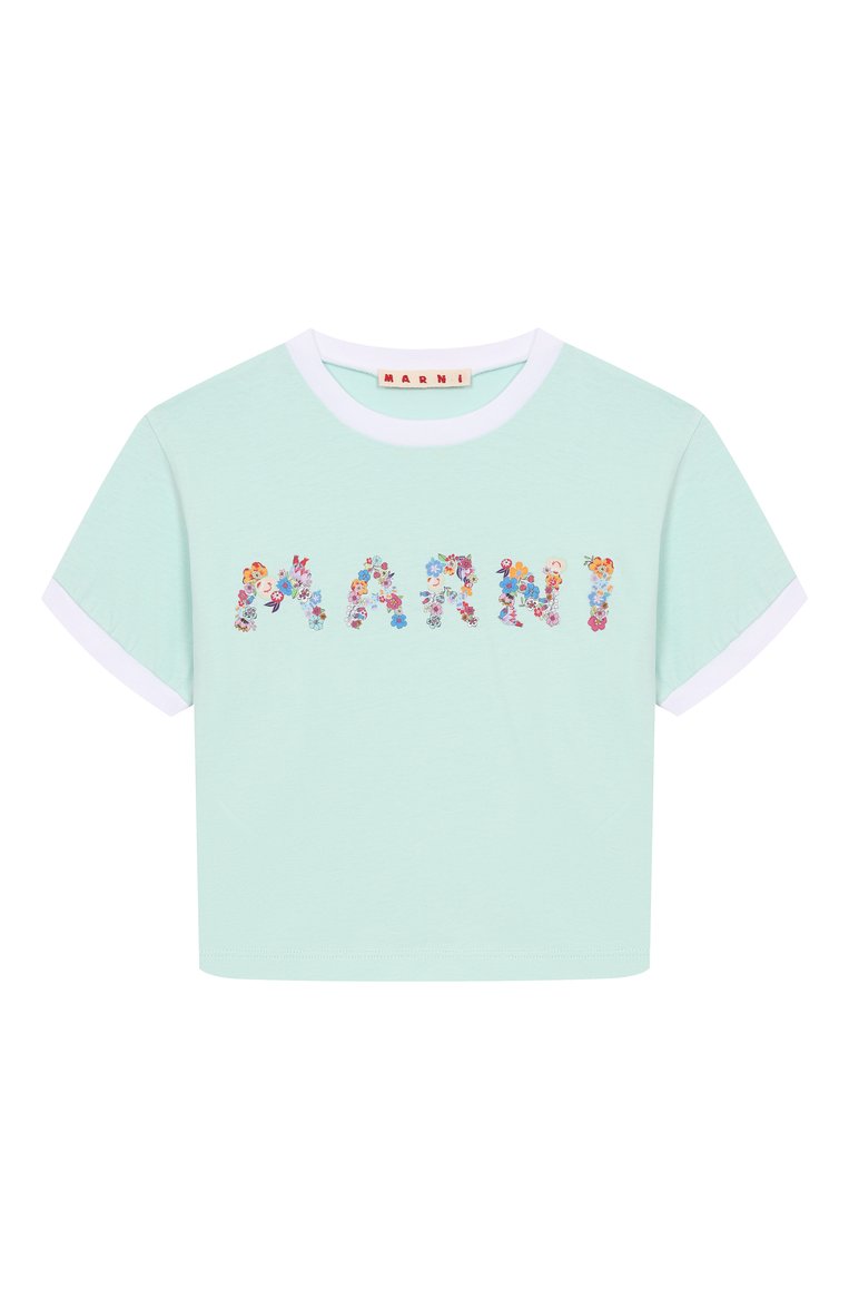 Детская хлопковая футболка MARNI бирюзового цвета, арт. M01428/M00HZ | Фото 1 (Рукава: Короткие; Материал внешний: Хлопок; Девочки Кросс-КТ: футболка-одежда; Автоматизация состава: Проставлено; Автоматизация ТО: Проставлено; Ростовка одежда: 4 года | 104 см, 8 лет | 128 см, 10 - 11 лет | 140 - 146см, 13 - 15 лет | 158 см, 16 лет | 164 см, 6 лет | 116 см)