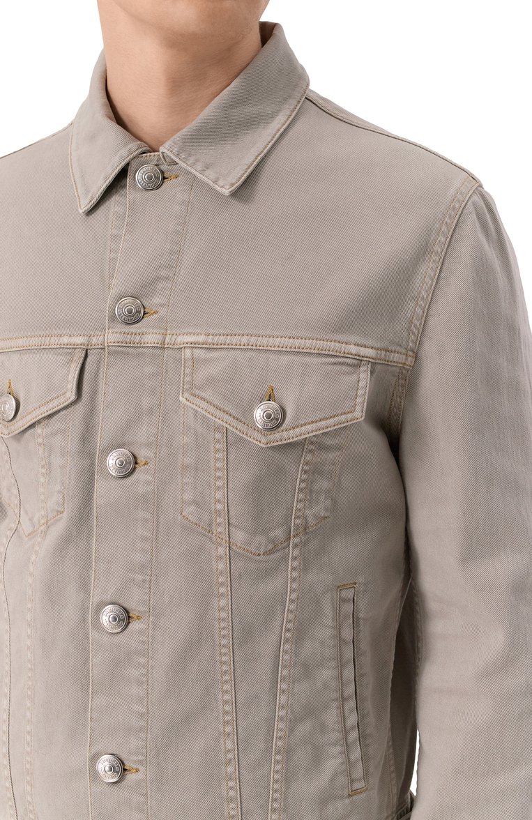 Мужская джинсовая куртка BRUNELLO CUCINELLI серого цвета, арт. M277P6910 | Фото 5 (Рукава: Длинные; Материал внешний: Хлопок, Деним; Длина (верхняя одежда): Короткие; Кросс-КТ: Деним, Куртка, Легкие; Стили: Кэжуэл; Автоматизация ТО: Проставлено; Автоматизация состава: Проставлено; Размерность: Идёт в размер)