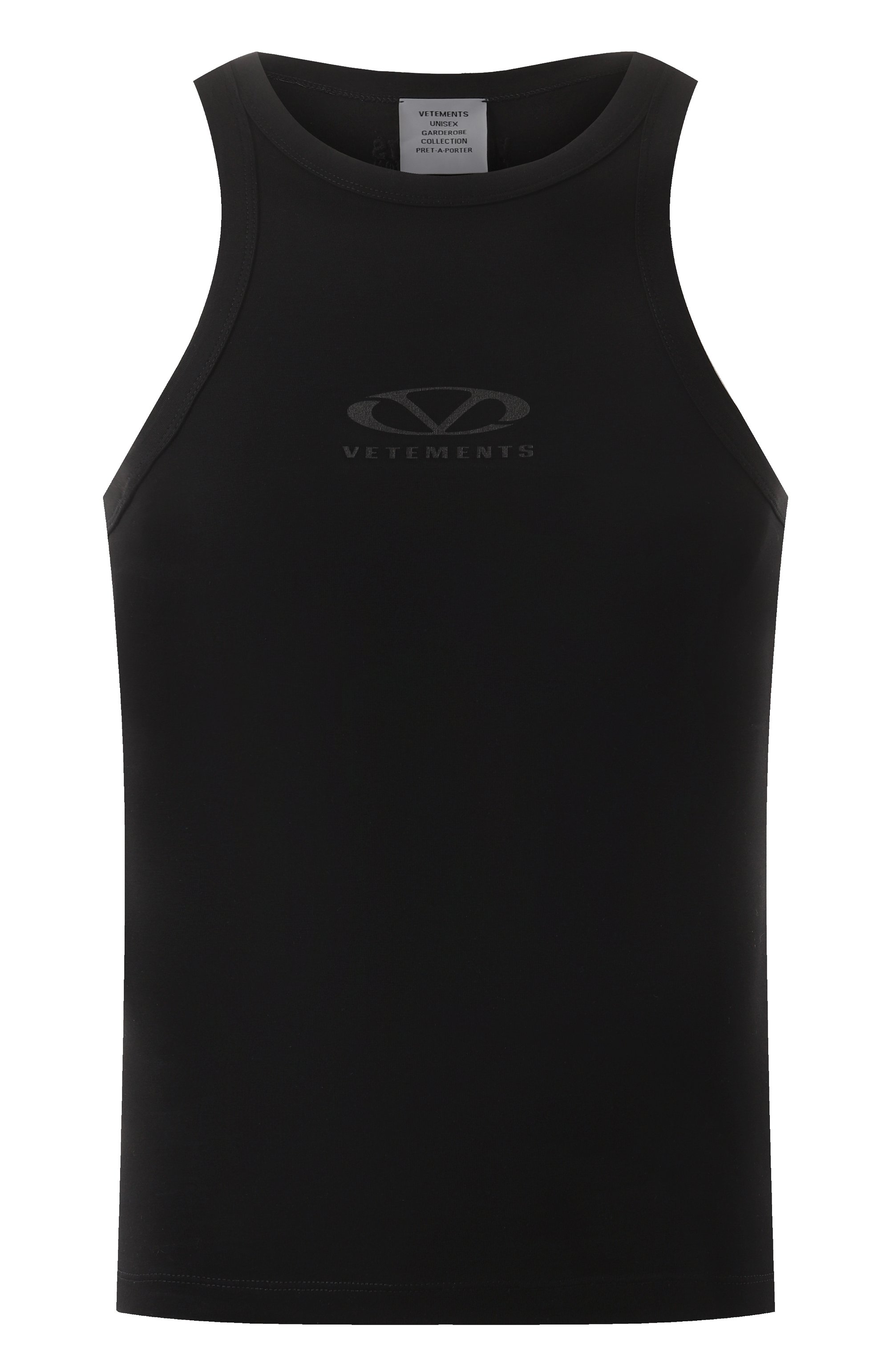 Хлопковая майка VETEMENTS черного цвета по цене 42500 руб., арт. UA66T0600BB, фото 1 Хлопковая майка VETEMENTS, арт. UA66T0600BB, фото 1