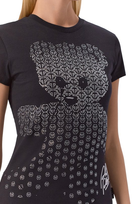 Хлопковая футболка с отделкой стразами Philipp Plein SAFC WTK3817 PJY002N Чёрный  SAFC WTK3817 PJY002N Фото 5