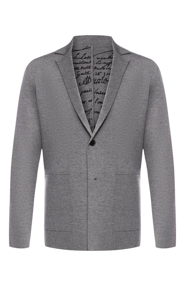 Мужской шерстяной пиджак BERLUTI серого цвета, арт. R17KJL36-001 | Фото 1 (Рукава: Длинные; Материал внешний: Шерсть; Длина (для топов): Стандартные; 1-2-бортные: Однобортные; Пиджаки М: Приталенный; Случай: Повседневный; Стили: Кэжуэл; Кросс-КТ: Трикотаж; Драгоценные камни: Проставлено; Материал сплава: Проставлено)