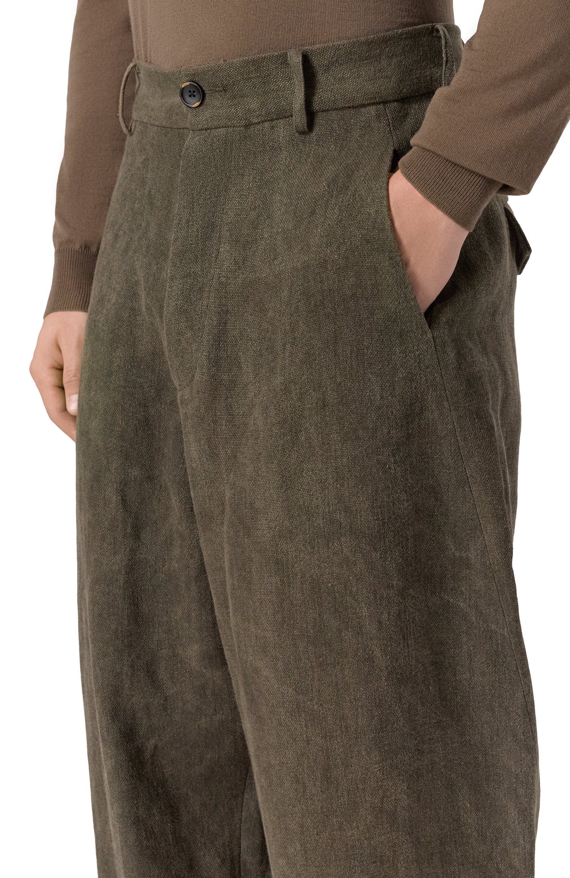 Льняные брюки UMA WANG хаки цвета по цене 152500 руб., арт. UM3517, фото 5 Льняные брюки UMA WANG, арт. UM3517, фото 5