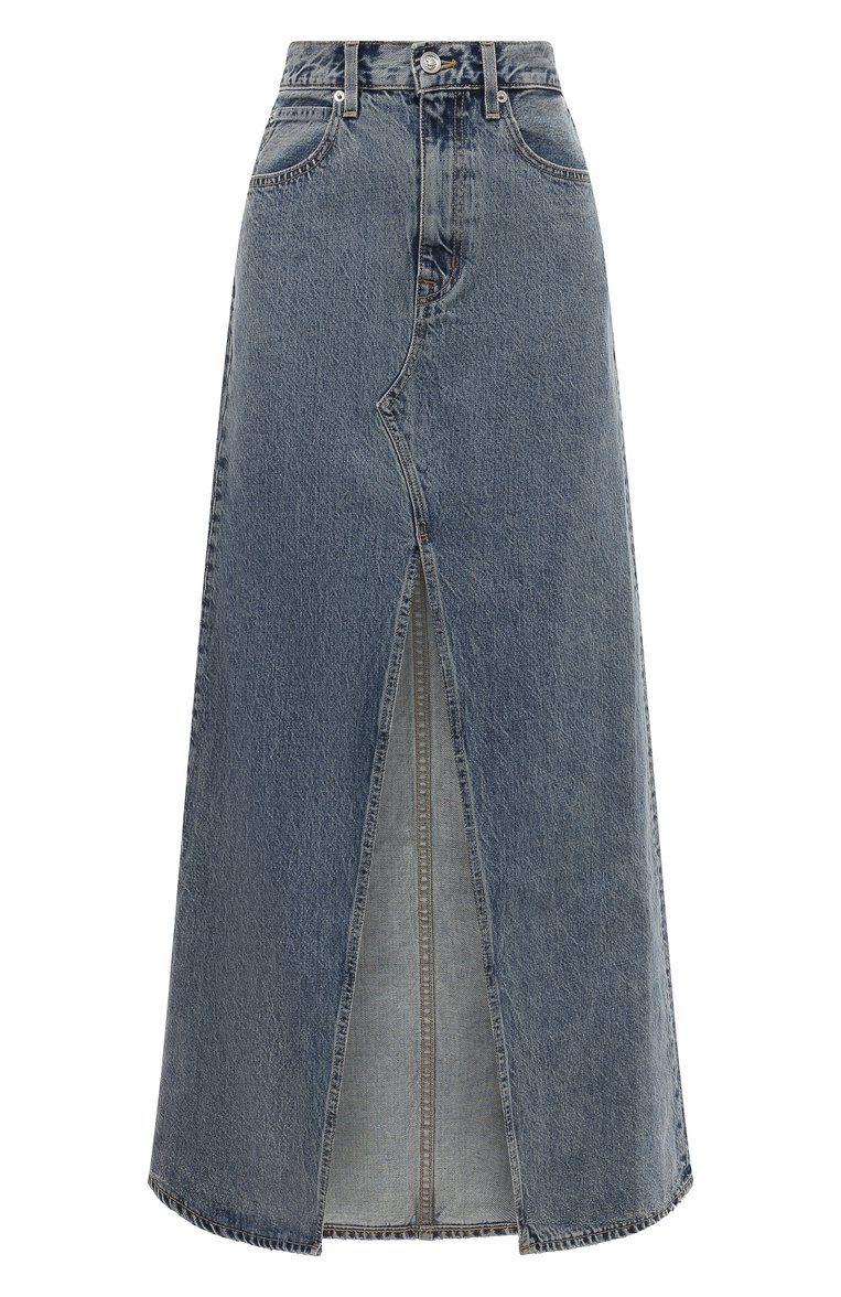 Женская джинсовая юбка SLVRLAKE голубого цвета, арт. DALS707SHDTM/DALLAS MAXI SKIRT | Фото 1 (Длина Ж (юбки, платья, шорты): Макси; Материал сплава: Проставлено; Драгоценные камни: Проставлено; Материал внешний: Хлопок, Деним; Кросс-КТ: Деним; Стили: Кэжуэл)
