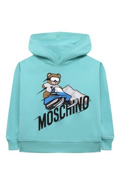 Детский хлопковое худи MOSCHINO бирюзового цвета, арт. HMF07B/LCA21/4A-8A | Фото 1 (Драгоценные камни: Проставлено; Материал сплава: Проставлено; Материал внешний: Хлопок; Рукава: Длинные; Мальчики Кросс-КТ: Худи-одежда)