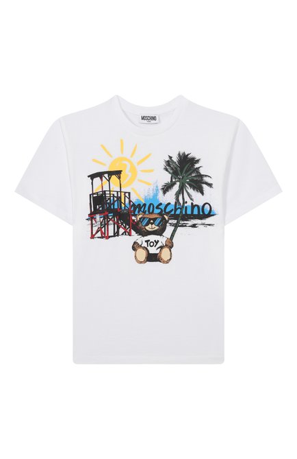 Детская хлопковая футболка MOSCHINO белого цвета, арт. H0M050/LAA23/10-14 | Фото 1 (Материал сплава: Проставлено; Материал внешний: Хлопок; Рукава: Короткие; Драгоценные камни: Проставлено)