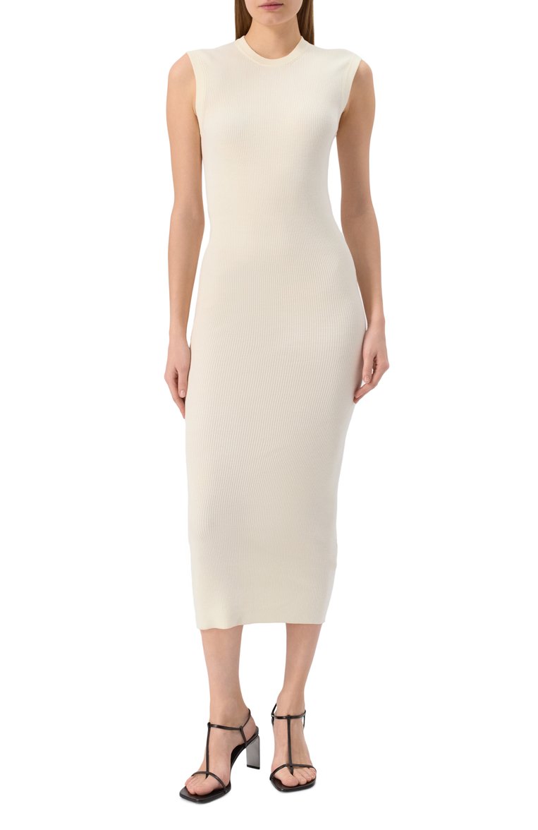 Женское хлопковое платье JIL SANDER кремового цвета, арт. J40CT0202-J15410 | Фото 3 (Длина Ж (юбки, платья, шорты): Миди; Материал внешний: Хлопок; Женское Кросс-КТ: Платье-одежда; Случай: Повседневный; Стили: Минимализм; Кросс-КТ: Трикотаж; Рукава: Без рукавов; Автоматизация состава: Проставлено; Автоматизация ТО: Проставлено)