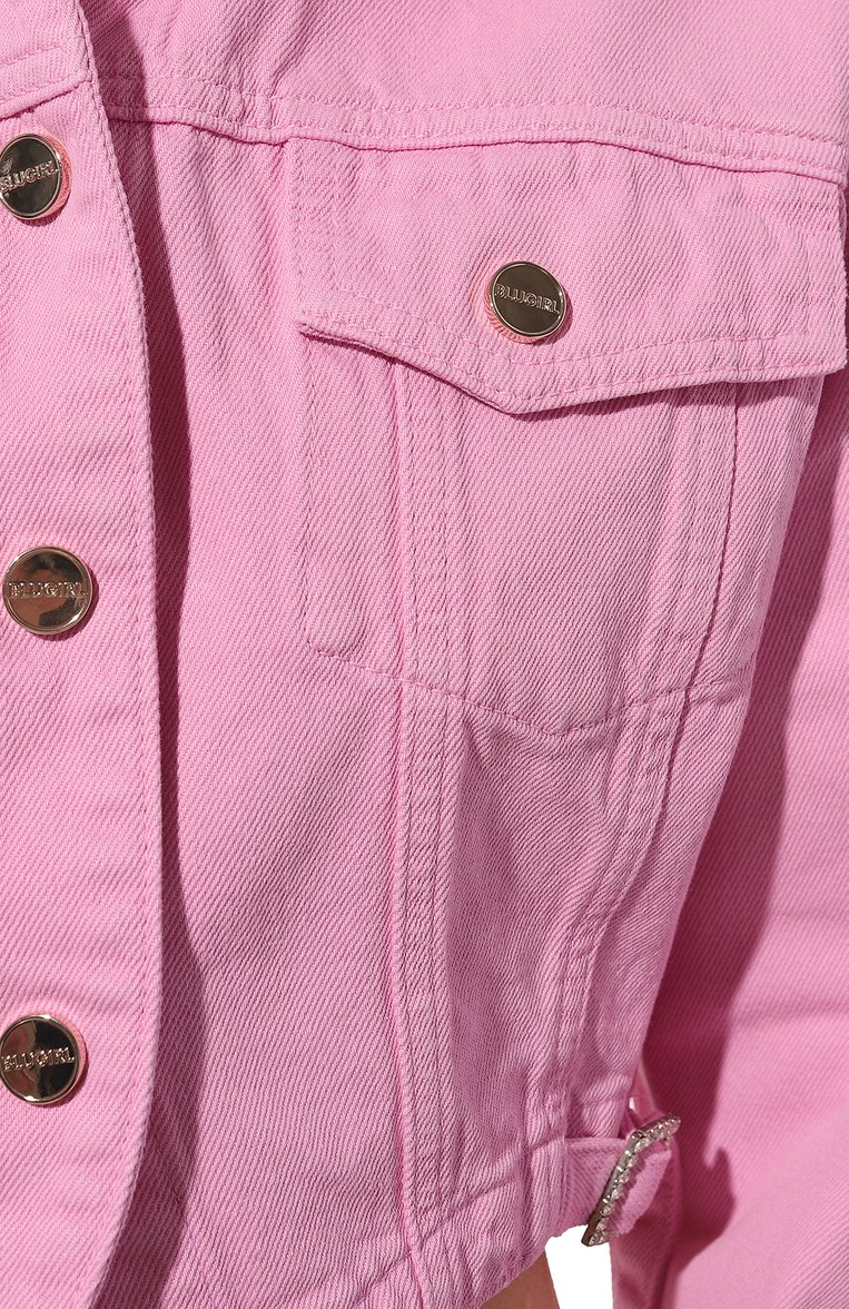 Женская джинсовая куртка BLUGIRL розового цвета, арт. RA4133/T3874 | Фото 5 (Кросс-КТ: Куртка, Деним; Рукава: Длинные; Материал сплава: Проставлено; Материал внешний: Хлопок, Деним; Драгоценные камни: Проставлено; Длина (верхняя одежда): Короткие; Стили: Кэжуэл)