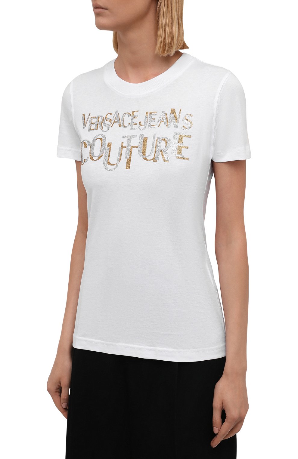 Хлопковая футболка VERSACE JEANS COUTURE белого цвета по цене 13950 руб., арт. 71HAHT02-71DP608 S 2 L0G0 GLITTER/CJ00T, фото 3 Хлопковая футболка VERSACE JEANS COUTURE, арт. 71HAHT02-71DP608 S 2 L0G0 GLITTER/CJ00T, фото 3
