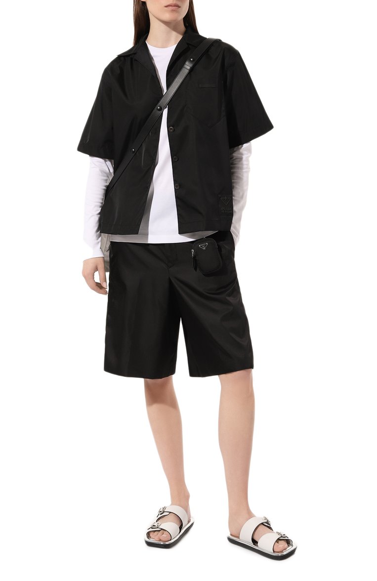 Женская рубашка PRADA черного цвета, арт. 240691-1YFL-F0002-202 | Фото 2 (Рукава: 3/4; Длина (для топов): Стандартные; Материал внешний: Синтетический материал; Стили: Кэжуэл; Принт: Без принта; Женское Кросс-КТ: Рубашка-одежда)