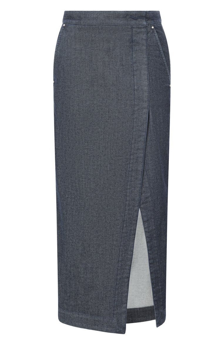 Женская джинсовая юбка GIORGIO ARMANI темно-синего цвета, арт. GW000760/AF15303 | Фото 1 (Материал внешний: Хлопок, Деним; Длина Ж (юбки, платья, шорты): Миди; Кросс-КТ: Деним; Женское Кросс-КТ: Юбка-карандаш; Стили: Кэжуэл; Автоматизация ТО: Проставлено; Автоматизация состава: Проставлено)