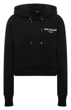 Женский хлопковое худи BALMAIN черно-белого цвета, арт. AF0JP000BB01 | Фото 1 (Рукава: Длинные; Длина (для топов): Стандартные; Материал сплава: Проставлено; Материал внешний: Хлопок; Стили: Спорт-шик; Женское Кросс-КТ: Худи-одежда; Драгоценные камни: Проставлено)