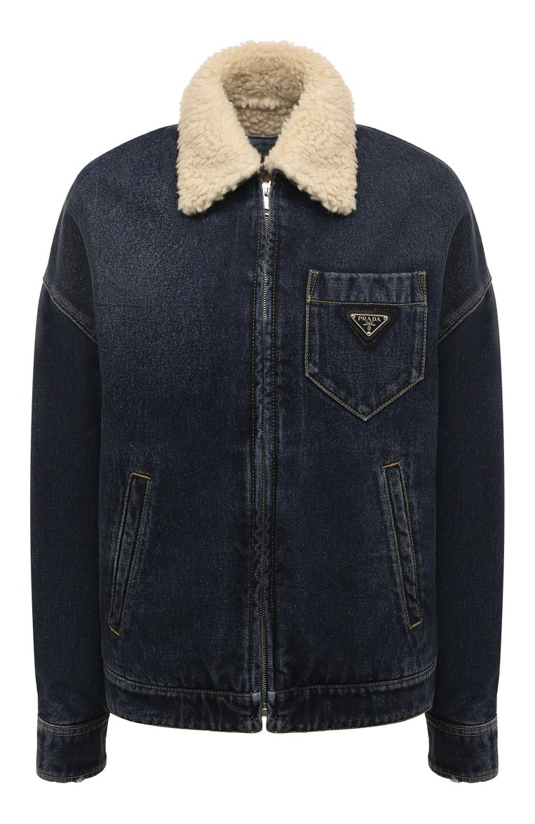 Женская джинсовая куртка PRADA синего цвета, арт. GFB290-10UJ-F0008-212 | Фото 1 (Длина (верхняя одежда): Короткие; Материал подклада: Синтетический материал; Материал внешний: Хлопок, Деним; Рукава: Длинные; Кросс-КТ: Деним, Куртка, Утепленные; Стили: Кэжуэл; Автоматизация ТО: Проставлено; Автоматизация состава: Проставлено)