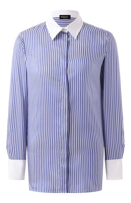 Женская шелковая рубашка KITON синего цвета, арт. D59429K0981E01 | Фото 1 (Рукава: Длинные; Материал сплава: Проставлено; Длина (для топов): Удлиненные; Драгоценные камни: Проставлено; Материал внешний: Шелк)