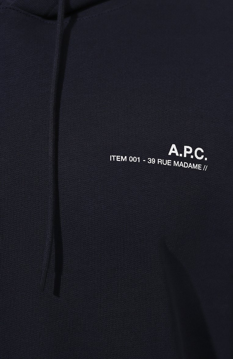 Мужской хлопковое худи A.P.C. темно-синего цвета, арт. C0FBQ-H27672 | Фото 5 (Материал внешний: Хлопок; Материал сплава: Проставлено; Длина (для топов): Стандартные; Рукава: Длинные; Драгоценные камни: Проставлено; Принт: Без принта; Стили: Кэжуэл; Мужское Кросс-КТ: Худи-одежда)