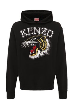 Мужской хлопковое худи KENZO черного цвета, арт. FE55SW1864MF | Фото 1 (Рукава: Длинные; Длина (для топов): Стандартные; Стили: Гранж; Принт: С принтом; Мужское Кросс-КТ: Худи-одежда; Материал сплава: Проставлено; Материал внешний: Хлопок; Драгоценные камни: Проставлено)