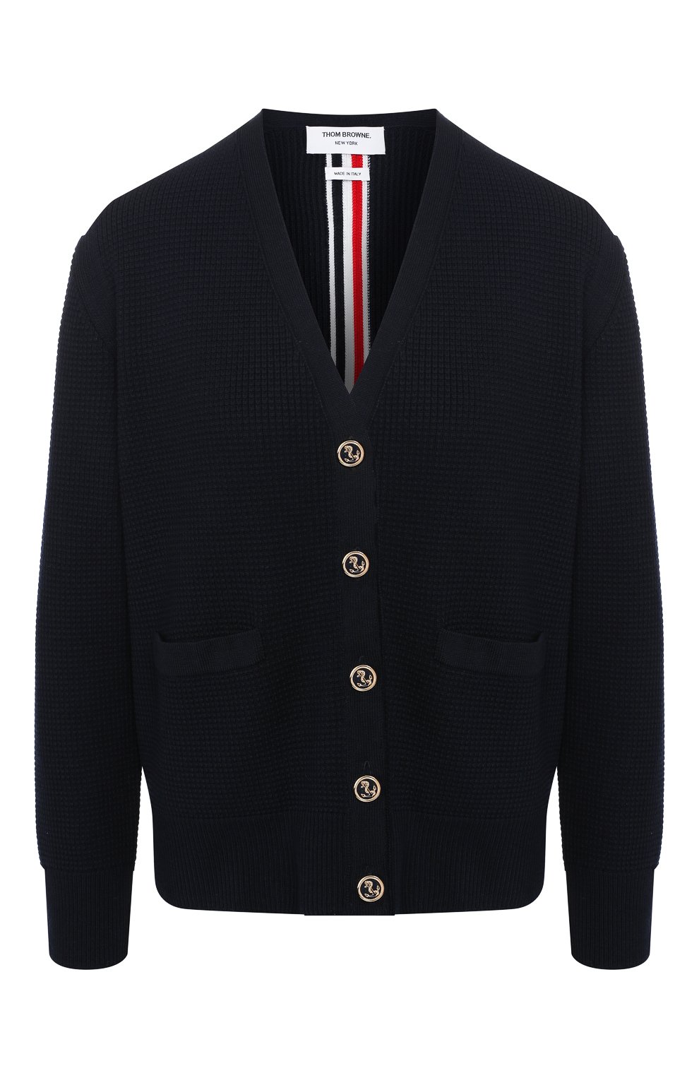 Шерстяной кардиган THOM BROWNE темно-синего цвета по цене 92300 руб., арт. FKC239A-00014 415, фото 1 Шерстяной кардиган THOM BROWNE, арт. FKC239A-00014 415, фото 1