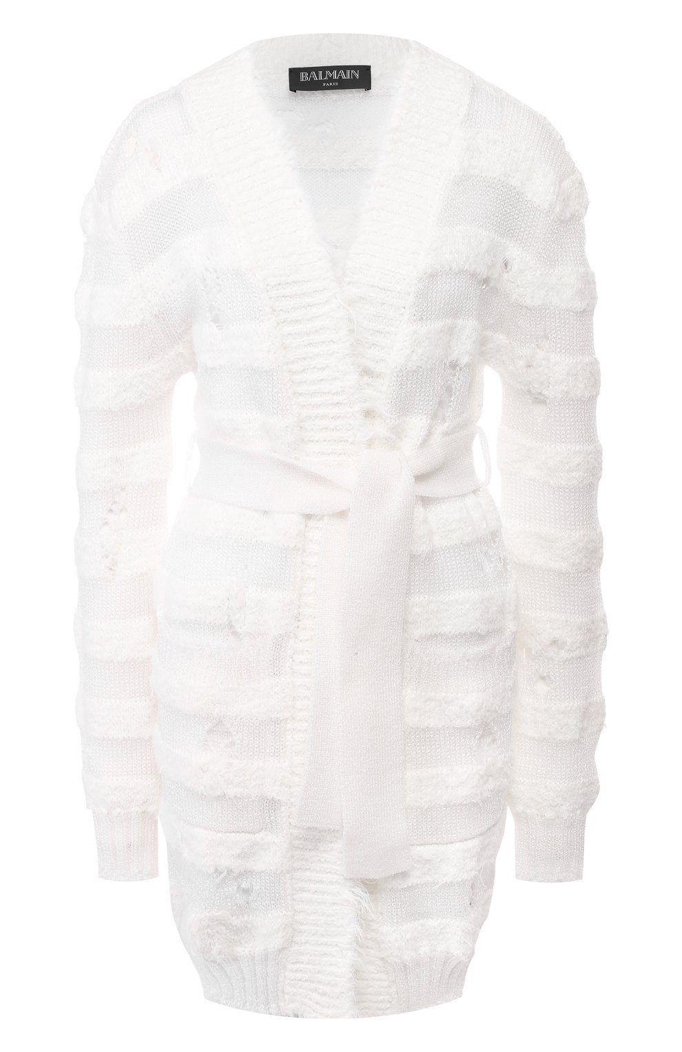 Кардиган с поясом BALMAIN белого цвета по цене 154500 руб., арт. RF03282/K352, фото 1 Кардиган с поясом BALMAIN, арт. RF03282/K352, фото 1