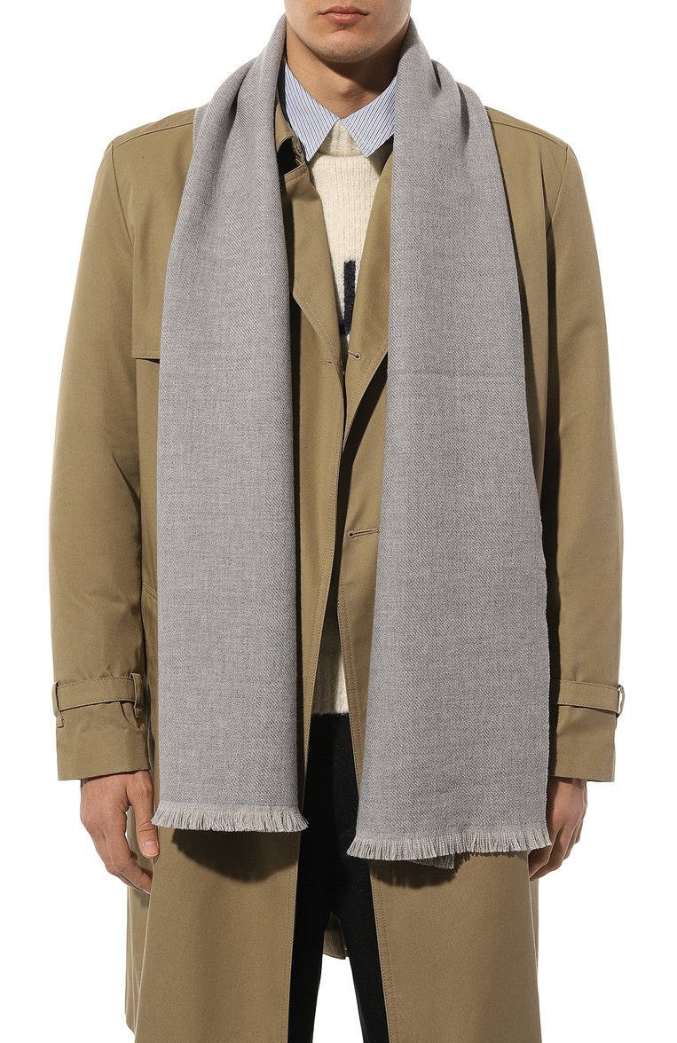 Мужской шерстяной шарф ZEGNA серого цвета, арт. Z4L50SA6/24A | Фото 2 (Нос: Не проставлено; Материал: Текстиль, Шерсть; Материал сплава: Проставлено; Кросс-КТ: шерсть; Мужское Кросс-КТ: Шарфы - с бахромой)
