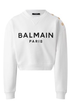 Женский хлопковый свитшот BALMAIN белого цвета, арт. EF1JQ002/BB02 | Фото 1 (Материал сплава: Проставлено; Драгоценные камни: Проставлено; Рукава: Длинные; Длина (для топов): Укороченные; Стили: Спорт-шик; Женское Кросс-КТ: Свитшот-одежда; Материал внешний: Хлопок)