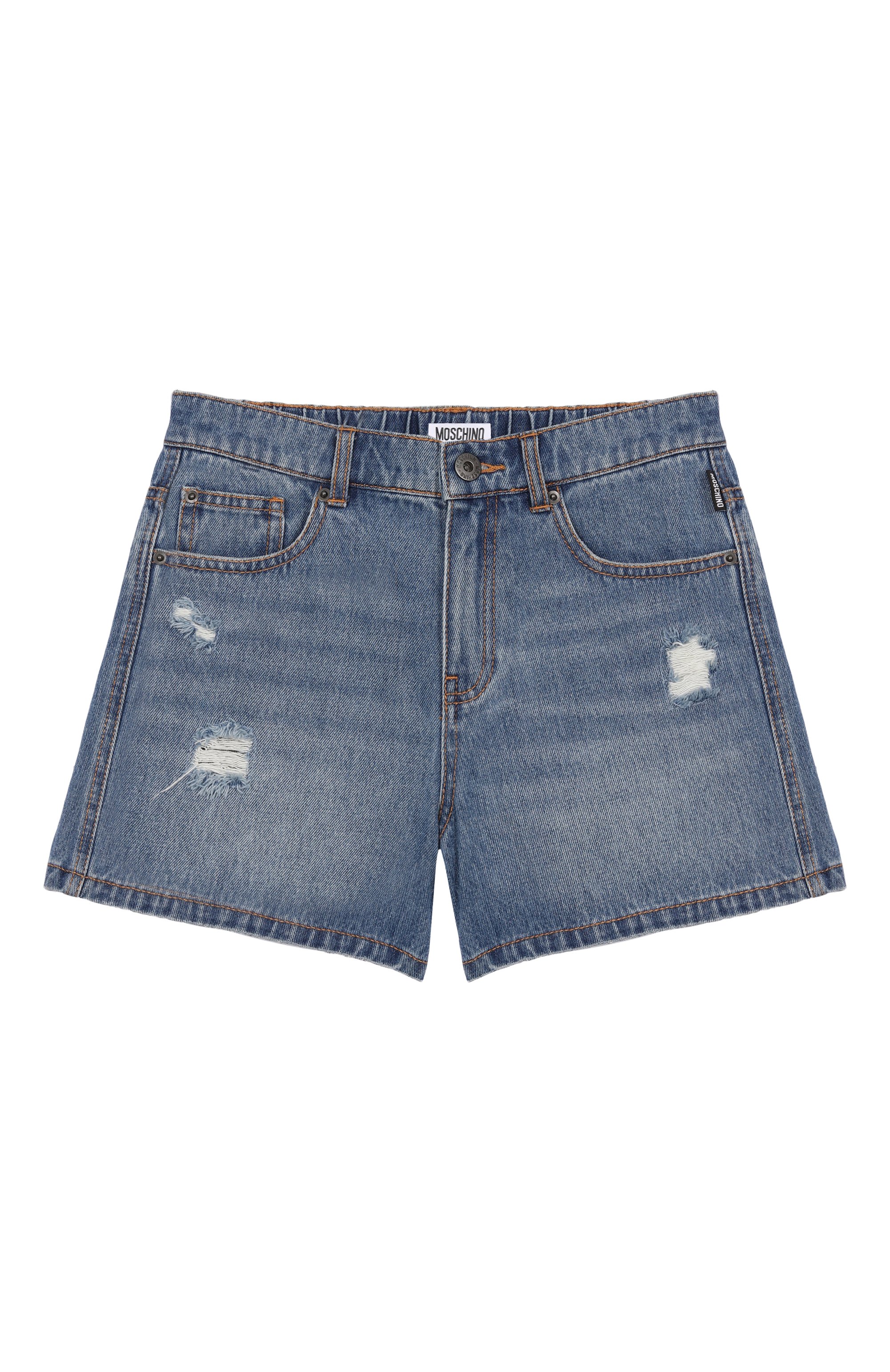Джинсовые шорты MOSCHINO синего цвета по цене 16450 руб., арт. HDQ010/L0E35/10-14, фото 1 Джинсовые шорты MOSCHINO, арт. HDQ010/L0E35/10-14, фото 1