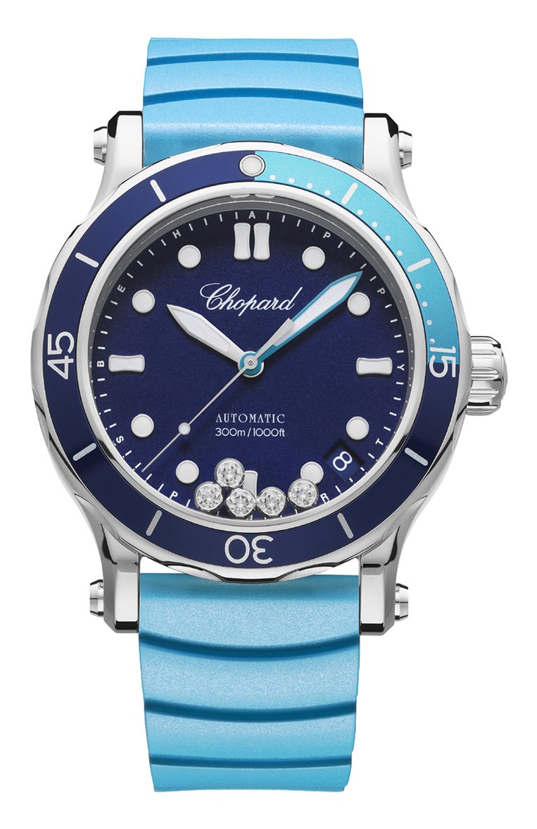 Женские часы happy ocean CHOPARD бесцветного цвета, арт. 278587-3001 | Фото 1 (Материал корпуса: Сталь; Цвет циферблата: Синий; Механизм: Автомат; Региональные ограничения белый список (Axapta Mercury): Не проставлено; Нос: Не проставлено)