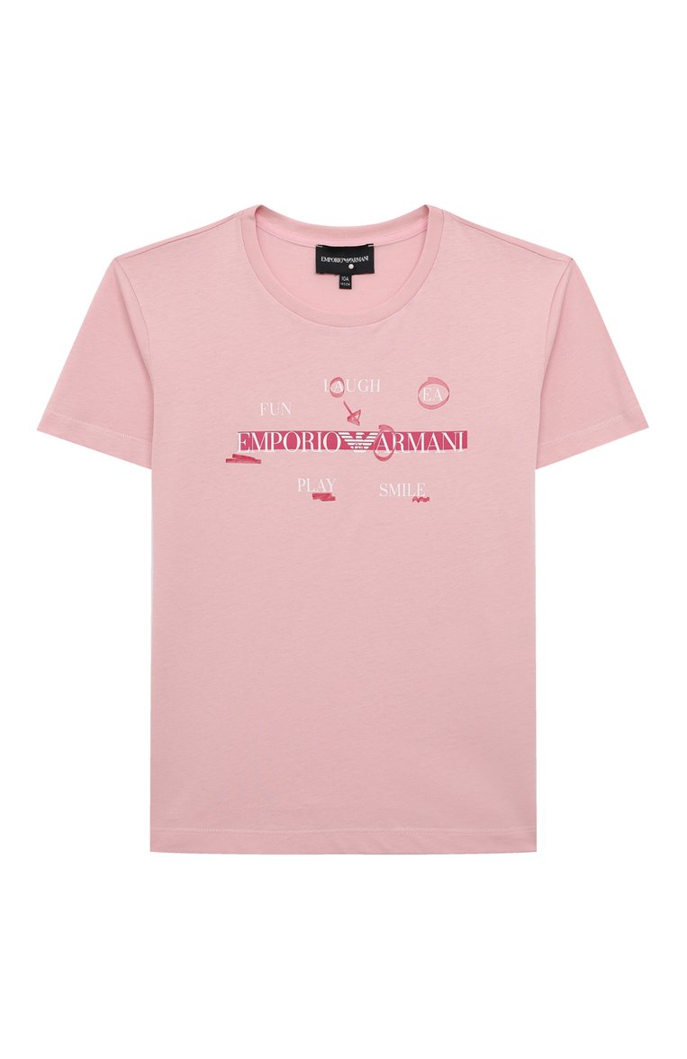 Детская хлопковая футболка EMPORIO ARMANI розового цвета, арт. 6R3T01/3J52Z | Фото 1 (Девочки Кросс-КТ: футболка-одежда; Рукава: Короткие; Материал сплава: Проставлено; Материал внешний: Хлопок; Драгоценные камни: Проставлено)